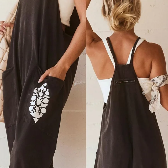 New Free People FP Movement Hot Shot Logo Onesie Mocha Combo Overalls Jumpsuit L - Picture 11 of 16